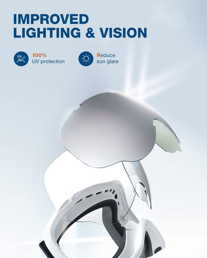 ZIONOR Lagopus Ski Snowboard Goggles, White Frame, Silver Lens