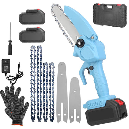 Electric Mini Chainsaw Portable Handheld Cordless Small Chain Saw Battery Powered with 2Pcs 2200mAh Rechargeable Batteries 4in/6in Chains for Pruning