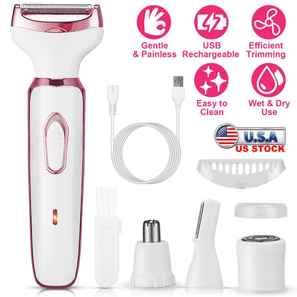 4 In 1 Electric Razor for Women Painless Grooming Kit Rechargeable Eyebrow Nose Hair Pubic Hair Bikini Trimmer Face Shaver