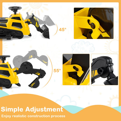 6V Ride on Tractor 3-in-1 Electric Excavator with Adjustable Arms and Music-Yellow