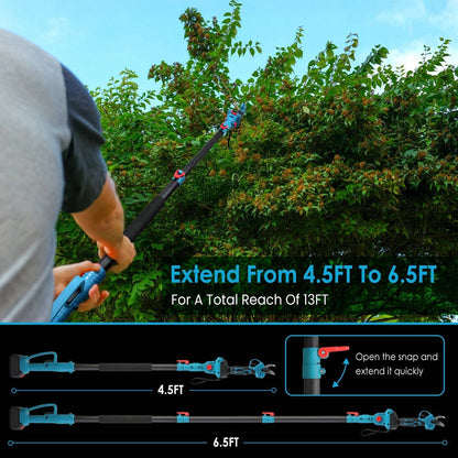 2-In-1 Electric Pruning Shear with Extension Pole 21V 4.0Ah Batteries Powered Cordless Pruner Reach 13FT High 0.98in Cutting Diameter for Tree Trimmin