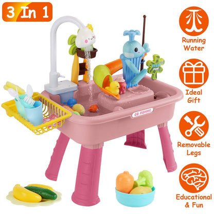 3 In 1 Kitchen Sink Toy with Electric Faucet Water Table Fishing Game Role Play Sink Set Indoor Outdoor for Kids Aged 3+ Years Old