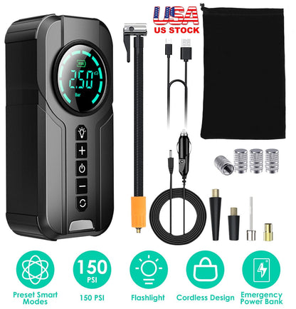 Car Tire Inflator Pump Portable Car Air Compressor Wireless Electric Air Pump 150 PSI with LED Light