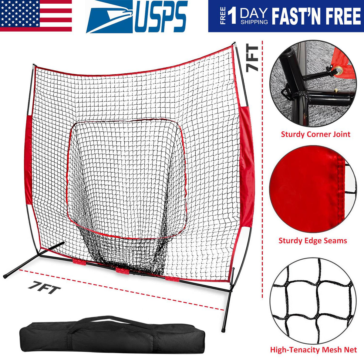 7x7ft Baseball Softball Teeball Practice Net Batting Hitting Pitching Training Net w/ Bow Frame Carrying Bag for Solo Team Training