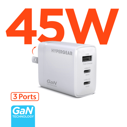 HyperGear SpeedBoost 45W USB-C PD Tri-Port GaN Fast Wall Charger with PPS
