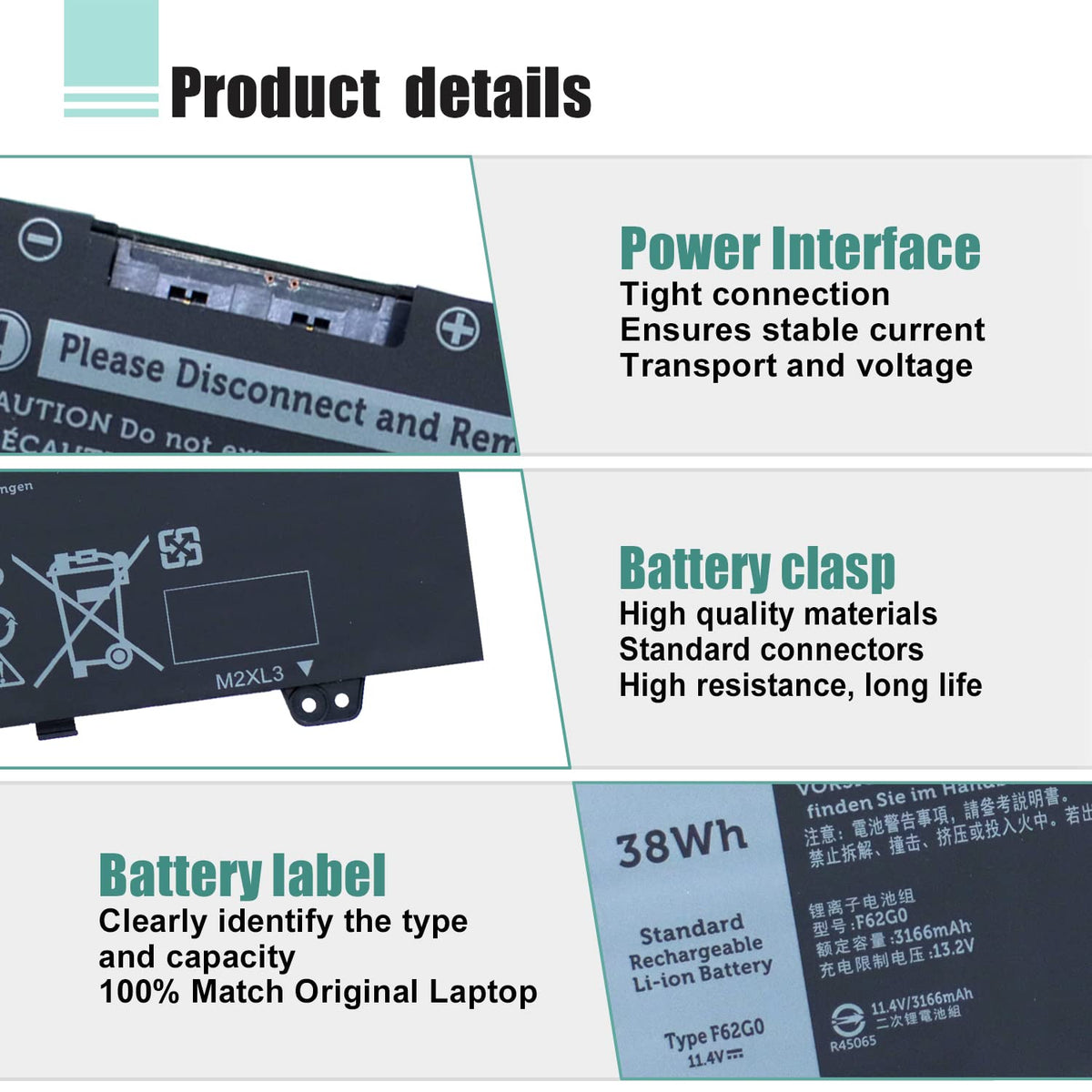 F62G0 39DY5 Laptop Battery 11.4V 38Wh 3166mAh for Dell Inspiron 13 5370 7370 7373 7380 and Vostro 13