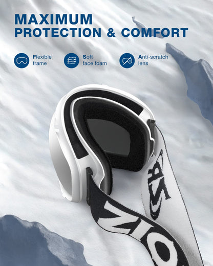 ZIONOR Lagopus Ski Snowboard Goggles, White Frame, Silver Lens
