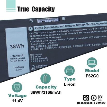 F62G0 39DY5 Laptop Battery 11.4V 38Wh 3166mAh for Dell Inspiron 13 5370 7370 7373 7380 and Vostro 13