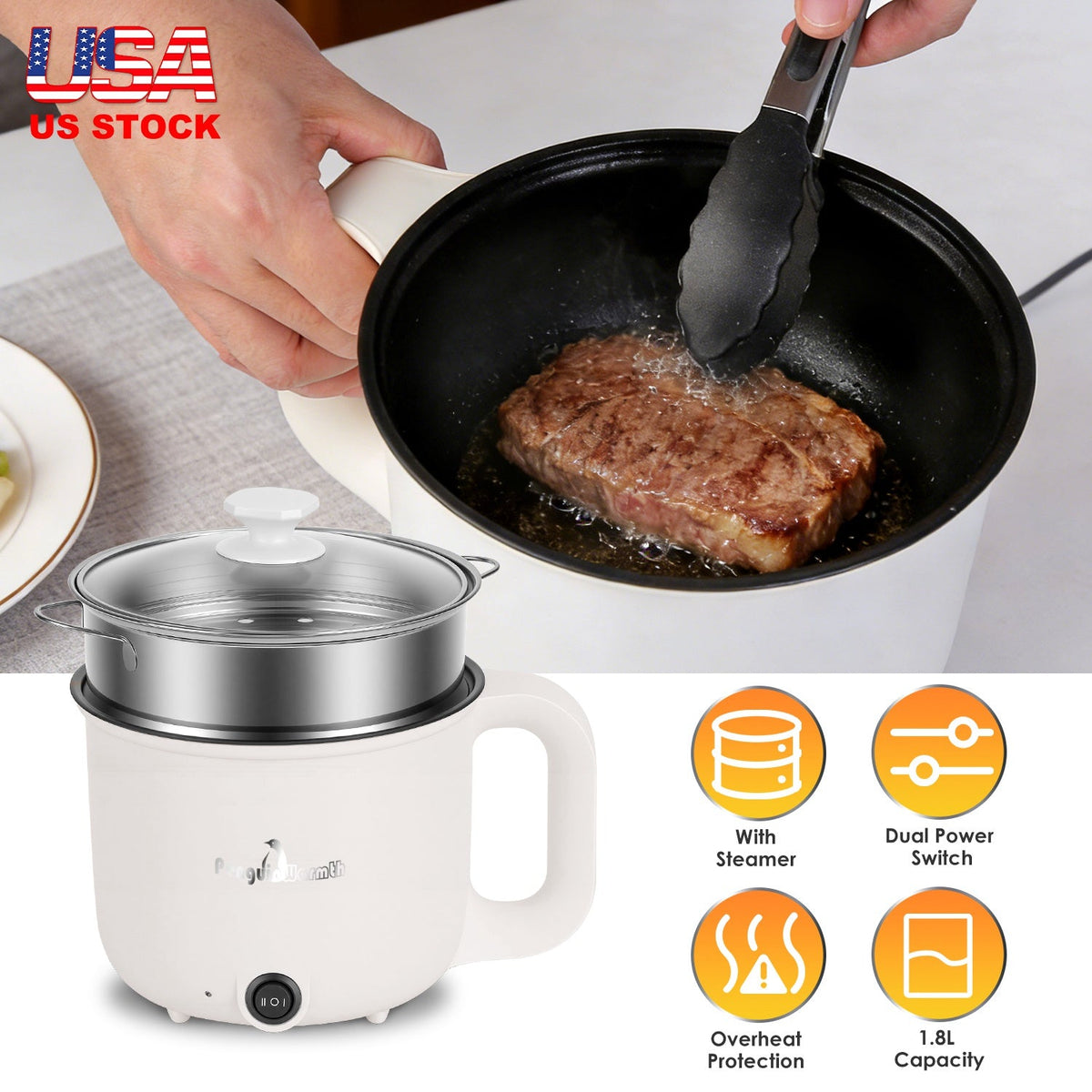 Electric Hot Pot with Steamer 1.8L Dual Power Ceramic Cooker