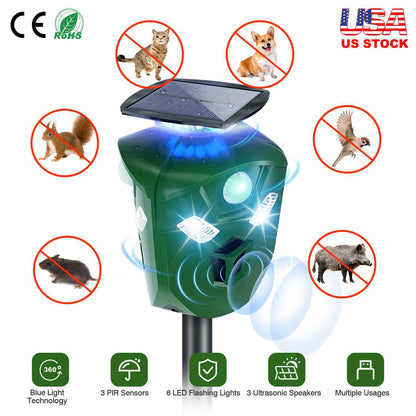 Electric Solar Powered Ultrasonic Animal Repeller 360¡ Ultrasonic Animal Driver with Motion Sensor LED Flashing Lights Waterproof Outdoor Animal Repel