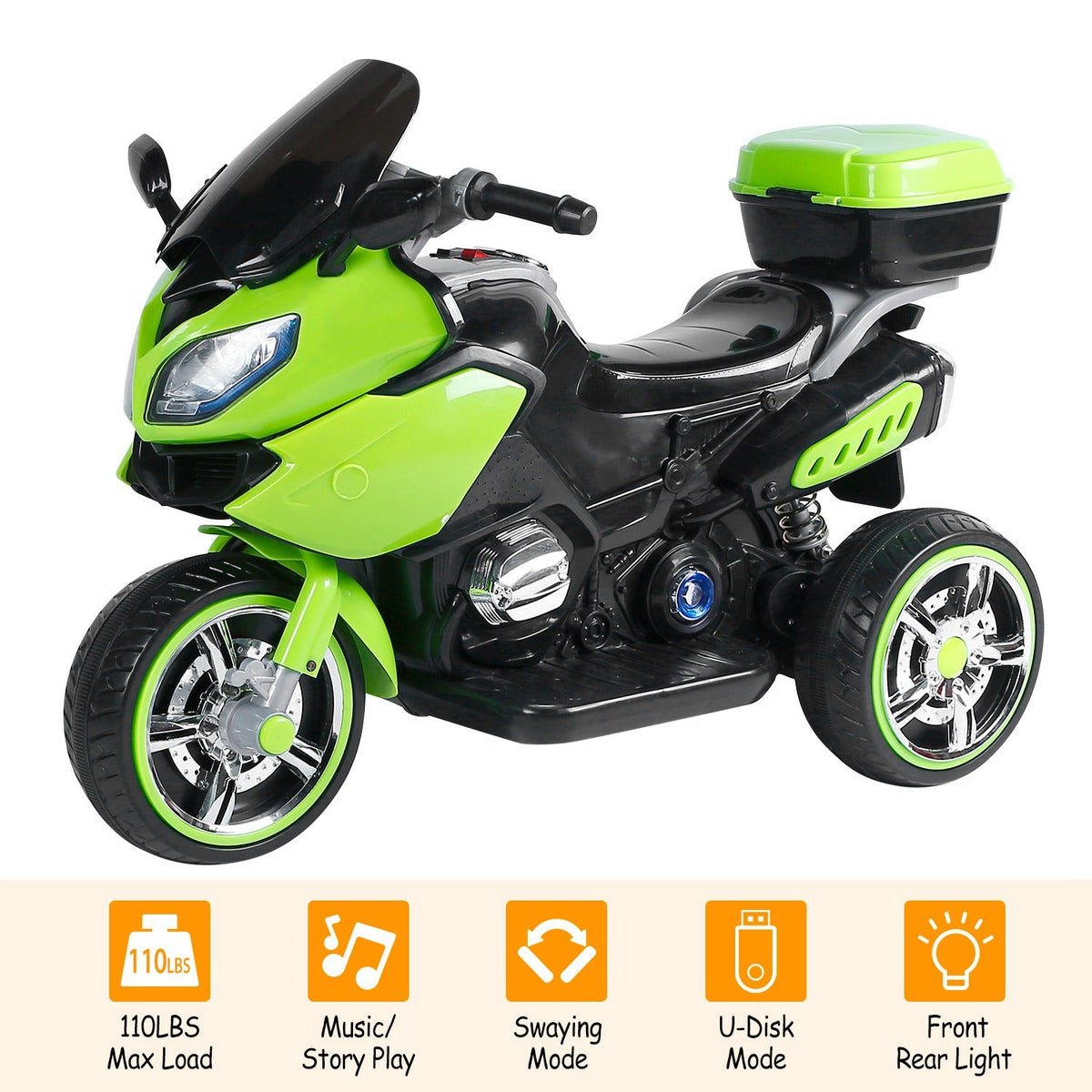 3 Wheel Motorcycle For Kids Aged 1-6 Battery Powered Ride On Toy Electric Tricycle w/Music Story Broadcasting Headlight Rear Light Forward Reverse