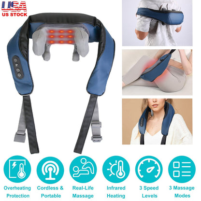 Electric Neck Shoulder Massager with Infrared Light Heating 3 Massage Modes Speeds Kneading Grasping Shiatsu Massage Pillow For Back Arms Thighs Relea
