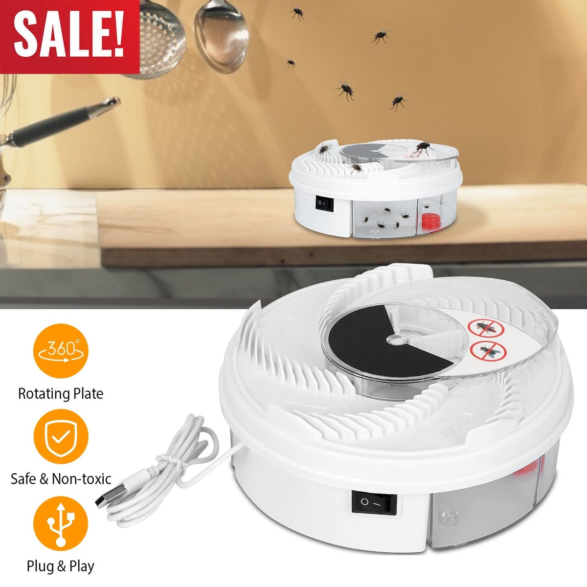 USB Powered Electric Fly Trap Automatic Flycatcher Rotating Fly Pest Repellent Tool For Home Kitchen Restaurant