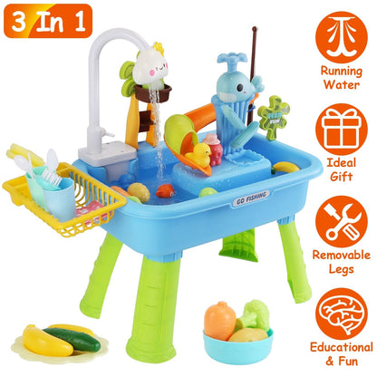 3 In 1 Kitchen Sink Toy with Electric Faucet Water Table Fishing Game Role Play Sink Set Indoor Outdoor for Kids Aged 3+ Years Old