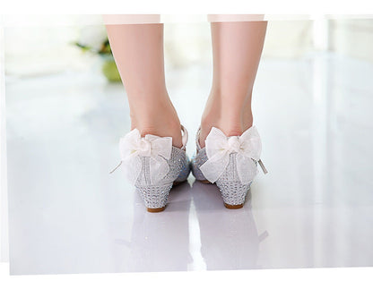 Girls' Leather Shoes Autumn New Bright Diamond High Heeled Shoes Performance Dance Flower Children Silver Medium And Large Children's High Heeled Shoes