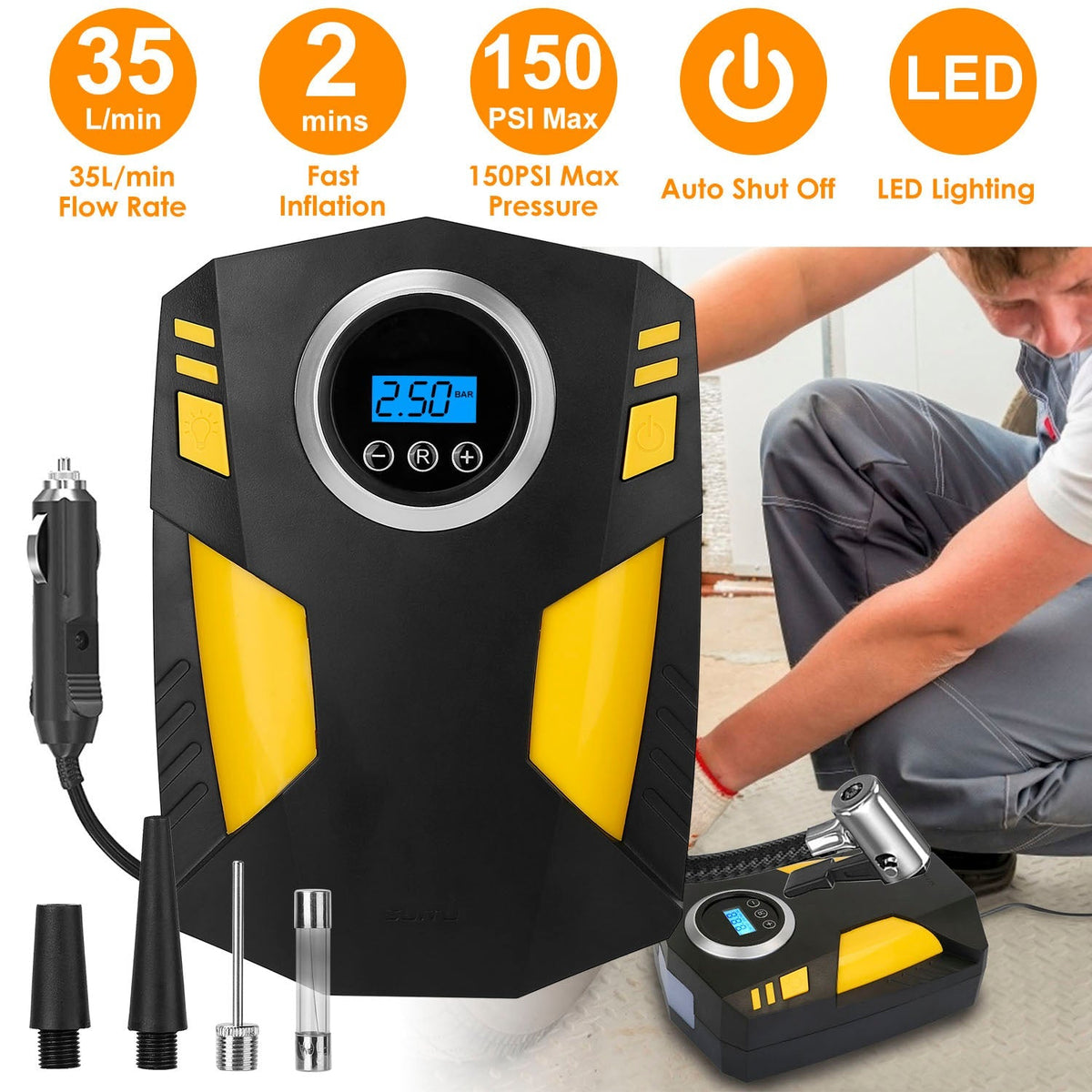 Portable Car Tire Inflator DC 12V Digital Car Air Pump Compressor Electric Air Pump w/LED Light 150PSI