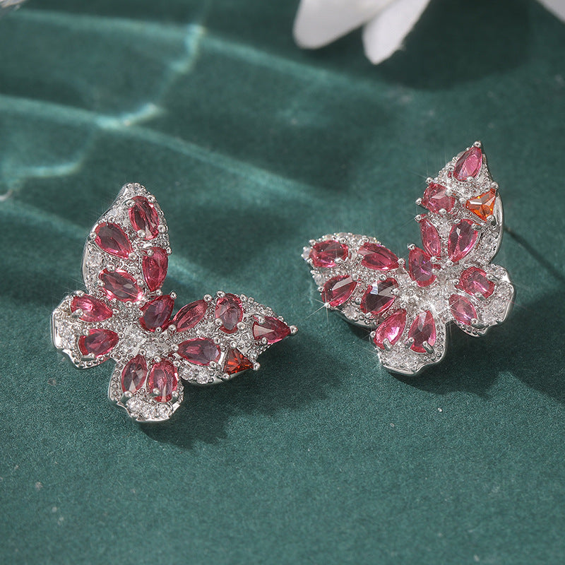 Colorful Butterfly Crystal Stud Earrings Brass Women Blue Rose Green Wedding Party Elegant Fashion Jewelry