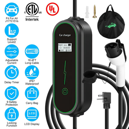 Level2 EV Charger Portable Electric Vehicle Charging Station with NEMA 6-20P PlugÊCarry Bag Fit For All J1772 EV and Hybrid Vehicles for Home and Outd