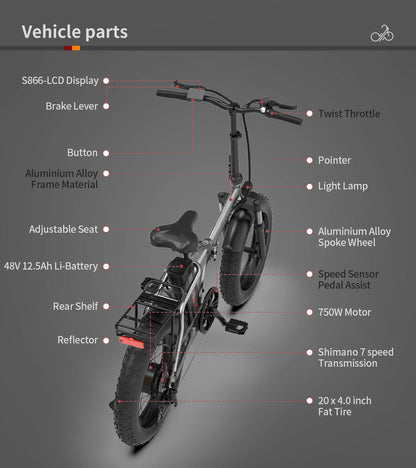 20x4.0 Inch Foldable Fat Tire Electric Bike 48V 12.5AH Extended Range Dual Disc Brakes  Fenders