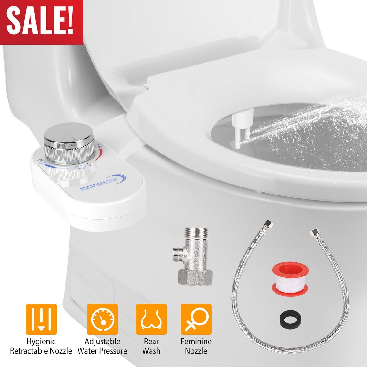 Non Electric Cold Water Mechanical Bidet Toilet Seat Attachment Fresh Water Sprayer Dual Nozzles for Feminine Wash