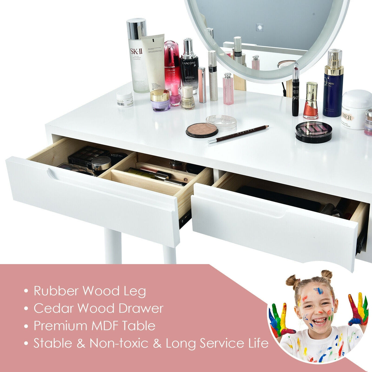 Touch Screen Vanity Makeup Table Stool Set with Lighted Mirror