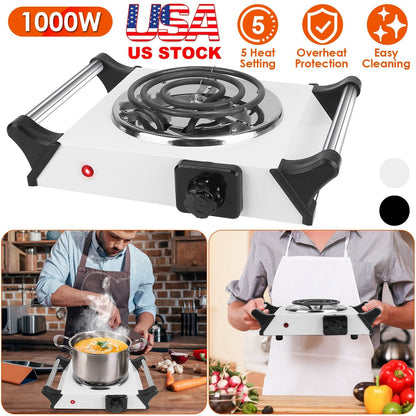 1000W Electric Single Burner Portable Coil Heating Hot Plate Stove Countertop RV Hotplate with 5 Temperature Adjustments Portable Handles