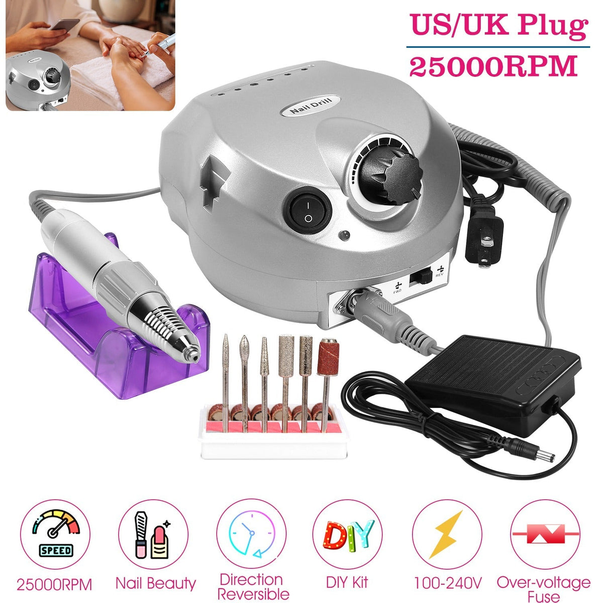 Acrylic Nail Drill Machine 25000RPM Electric Handpiece Glazing w/6 Bits Cuticle Grinder Manicure Pedicure Polishing File Kit for Nail Art