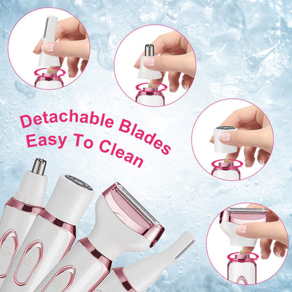 4 In 1 Electric Razor for Women Painless Grooming Kit Rechargeable Eyebrow Nose Hair Pubic Hair Bikini Trimmer Face Shaver