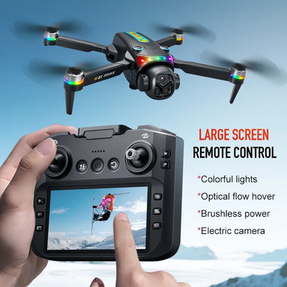 ZNLYRION RC Drone K21MAX Foldable Brushless Drone With Screen Remote EIS Dual Electric Camera Optical Flow Hover Colorful LED Light RC Quadcopter