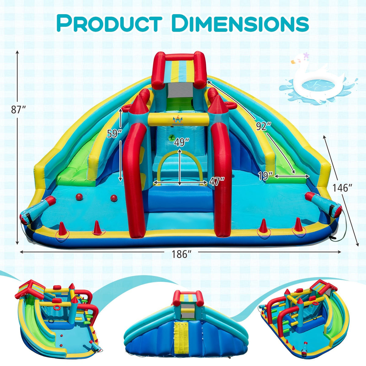 Inflatable Double Water Slide Park with Obstacle Course and 735W Blower