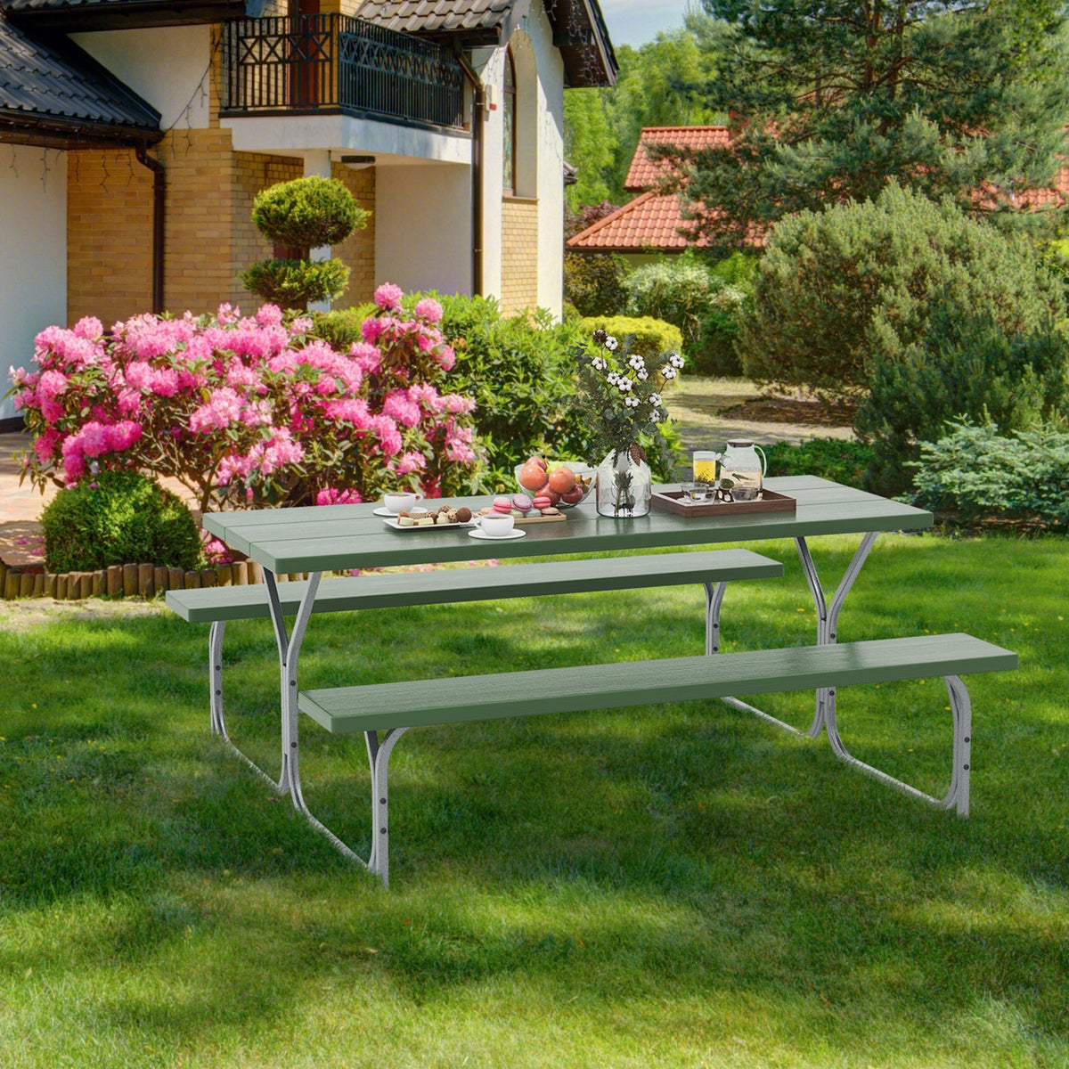 6 Feet Picnic Table Bench Set with HDPE Tabletop for 8 Person-Gray