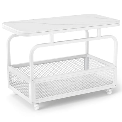 Rolling Side Table with Faux Marble Top and Storage Basket