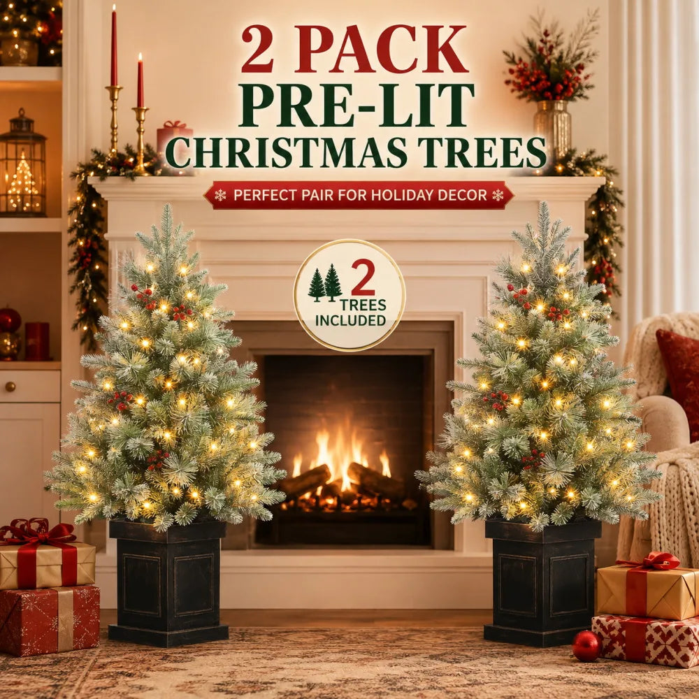 2PCS 3ft Pre-Lit Artificial Christmas Tree with 78 LED Lights, Snow Flocked Mini Xmas Tree with Timer Function, Battery Operated Small Holiday Tree for Home Office Tabletop Decor