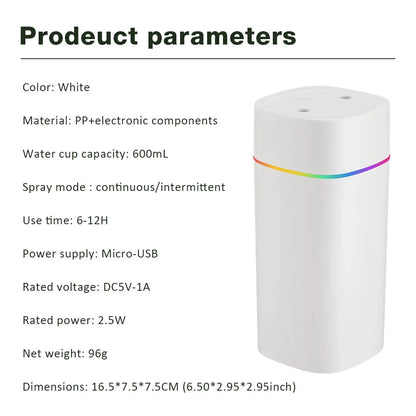 Portable USB Cool Mist Nano Sprayer 600ml Aroma Oil Diffuser for Home Car Electric Air Humidifier Mist Maker Light Aromatherapy