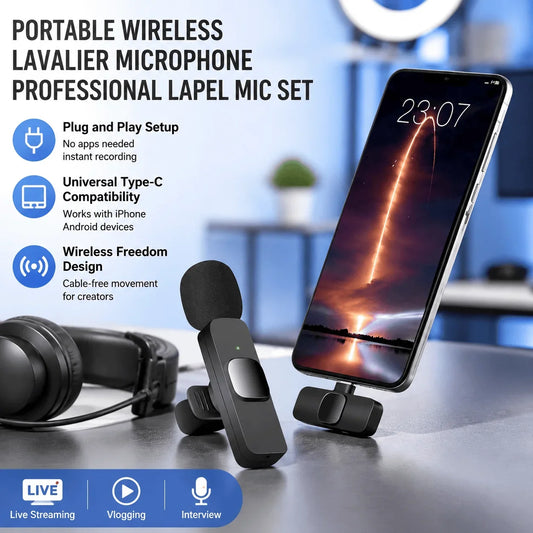 Wireless Lavalier Microphone Type-C For iPhone 15 Pro Max Android Phone Live Streaming Vlog Recording Plug Play Lapel Mic YouTube Audio Video Content Creator Professional Crystal Clear Sound Mini Small Rechargeable Clip On Ma