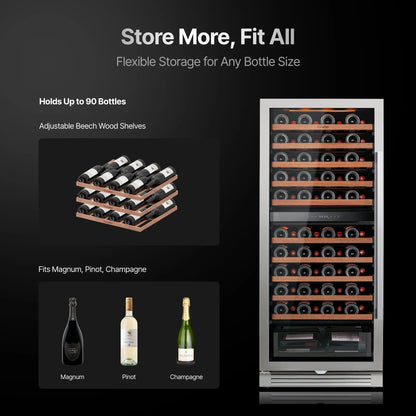 90 Bottles Dual Zone Wine Cooler Fridge 275L Built-in Wine Refrigerator Dual NTC Sensor Electronic Temperature Control 5-18℃ ETL Energy Star Certified 41dB Low Noise Wine Cabinet for Home Bar Kitchen