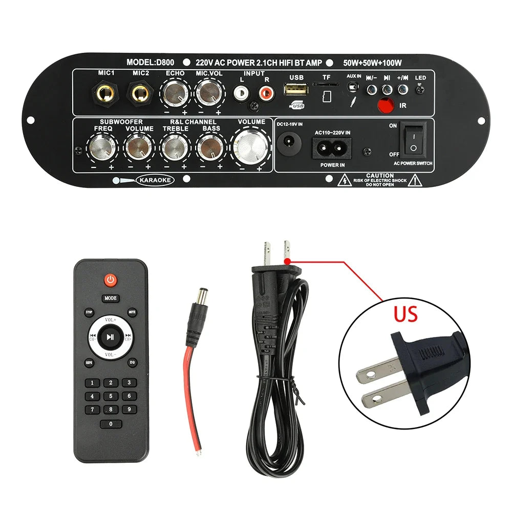 D800 Bluetooth 5.0 Digital Amplifier Board 2.1 Channel 50W+50W+100W HiFi Subwoofer Audio AMP for Home and Outdoor Sound Systems