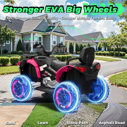 24V Ride on Car, Kids ATV XL Four Wheeler W/EVA Tires, 19-Inch Leather 2 Seater, 800W Motors, Remote Control, Knee Pads, Flower, 24 Volt Ride on Toys Quad for Big Kids