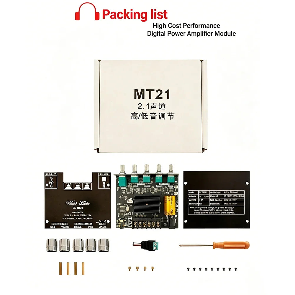 MT21 2.1 Channel Bluetooth 5.0 Audio Amplifier Board 100W Subwoofer 50W*2 L/R Stereo Amp Module Bass Treble Control AUX Input DC12-24V for Home Speaker DIY