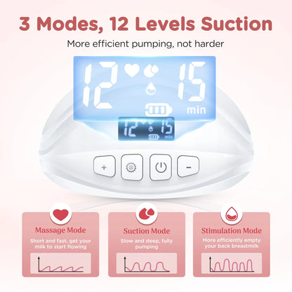 Wearable Breast Pump, Hands-Free, with Longer Battery Life & LED Display, Leakproof Design, Portable Electric Breast Pump with 3 Modes & 12 Levels & Low Noise, Portable Breastfeeding Device with Carrying Case.