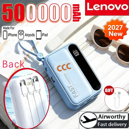 Lenovo CCC 500000mAh 4 Cables High Capacity Mini Power Bank Fast Charging Portable External Battery Supply New For iPhone Xiaomi