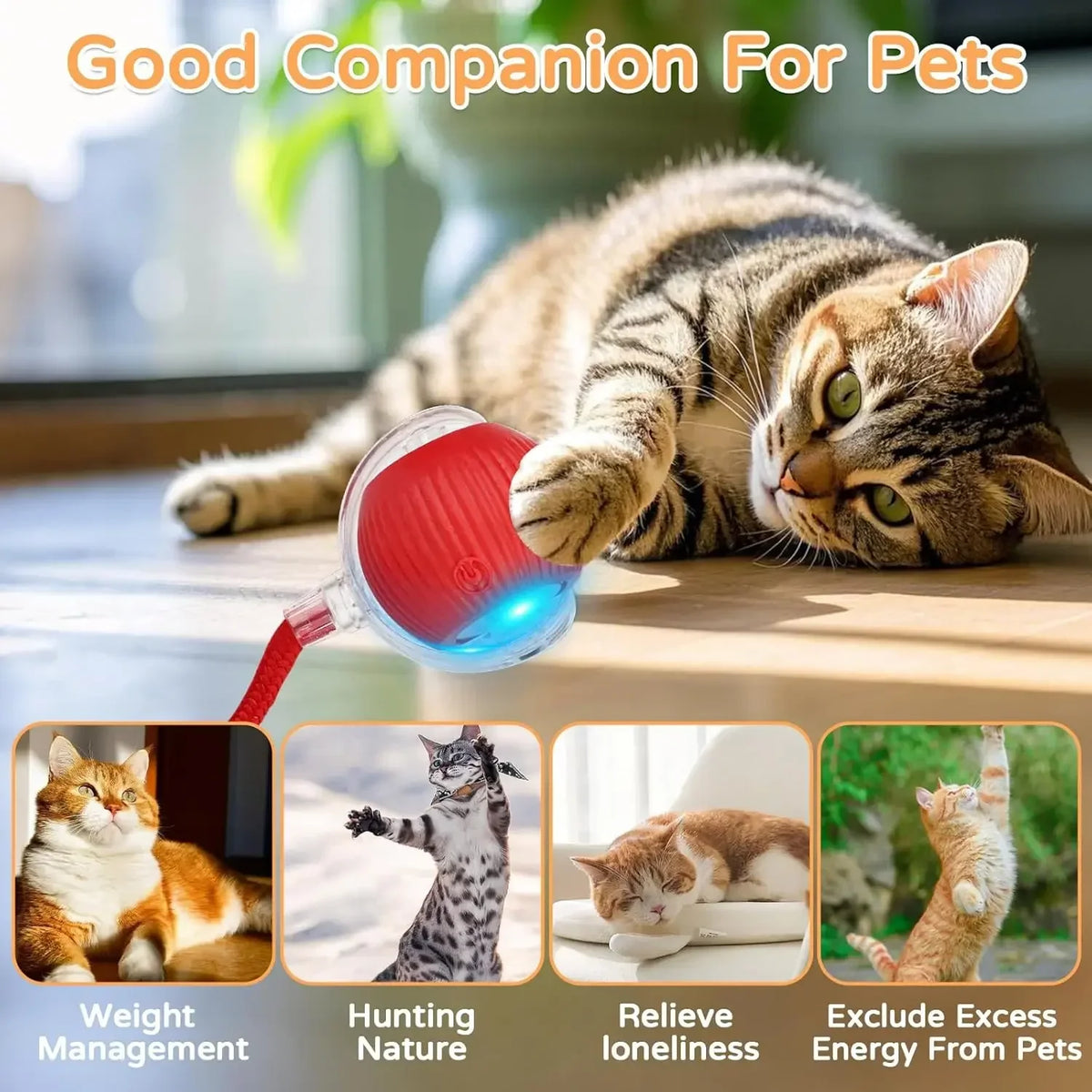 iLMH Cat Interactive Ball Toy Automatic Rolling Ball Faux Tail Rechargeable Smart Pet Electric Toy Pet Training Imitate Mouse