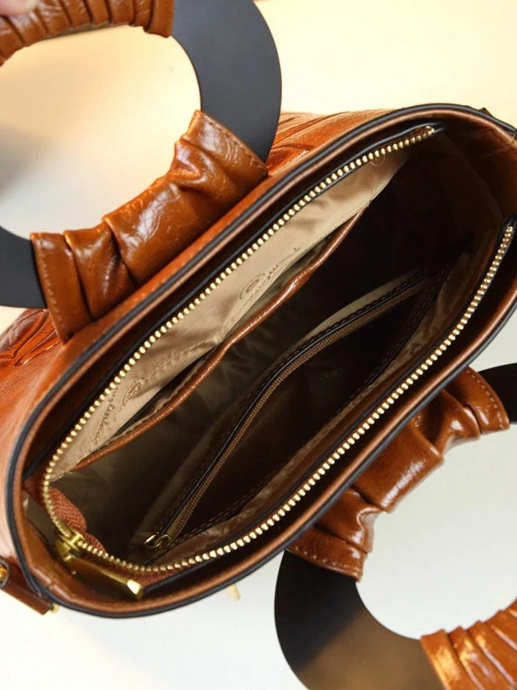 2024 New Women's Retro Oil Wax Leather Large Capacity Single Shoulder Bag Handbag Middle-Aged Ladies Bag Fashion Versatile