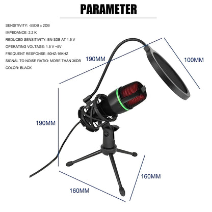 Professional Condenser Microphone Kit with Tripod Stand and RGB Lighting for Gaming and Streaming USB Microphone for YouTube Podcasts Video Studio Recording on PC Laptop Mac Desktop with Mute Button and Built in Voice Changer
