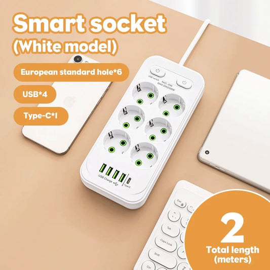 1pc EU Plug AC Outlet Multitap Power Strip 2m Extension Cord Electrical Socket USB Home Office Surge Protector Network Filter