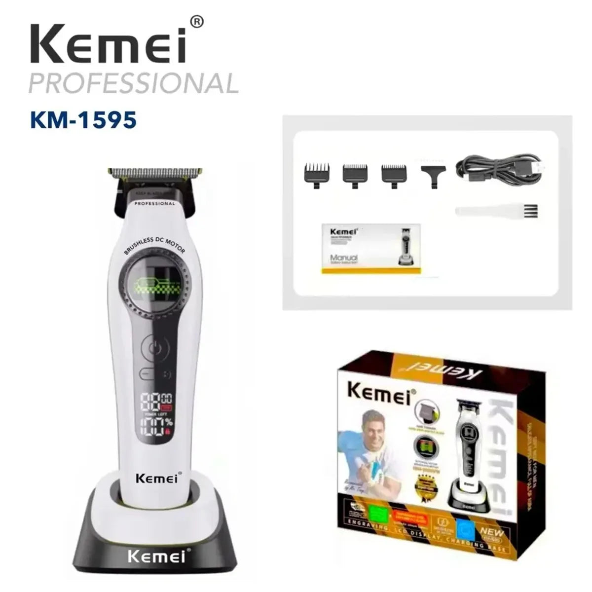 Kemei 1593 Barber Professional Hair Clipper Rechargeable Trimmer Electric Hair Cutting Machine External Rotor Brushless Motor