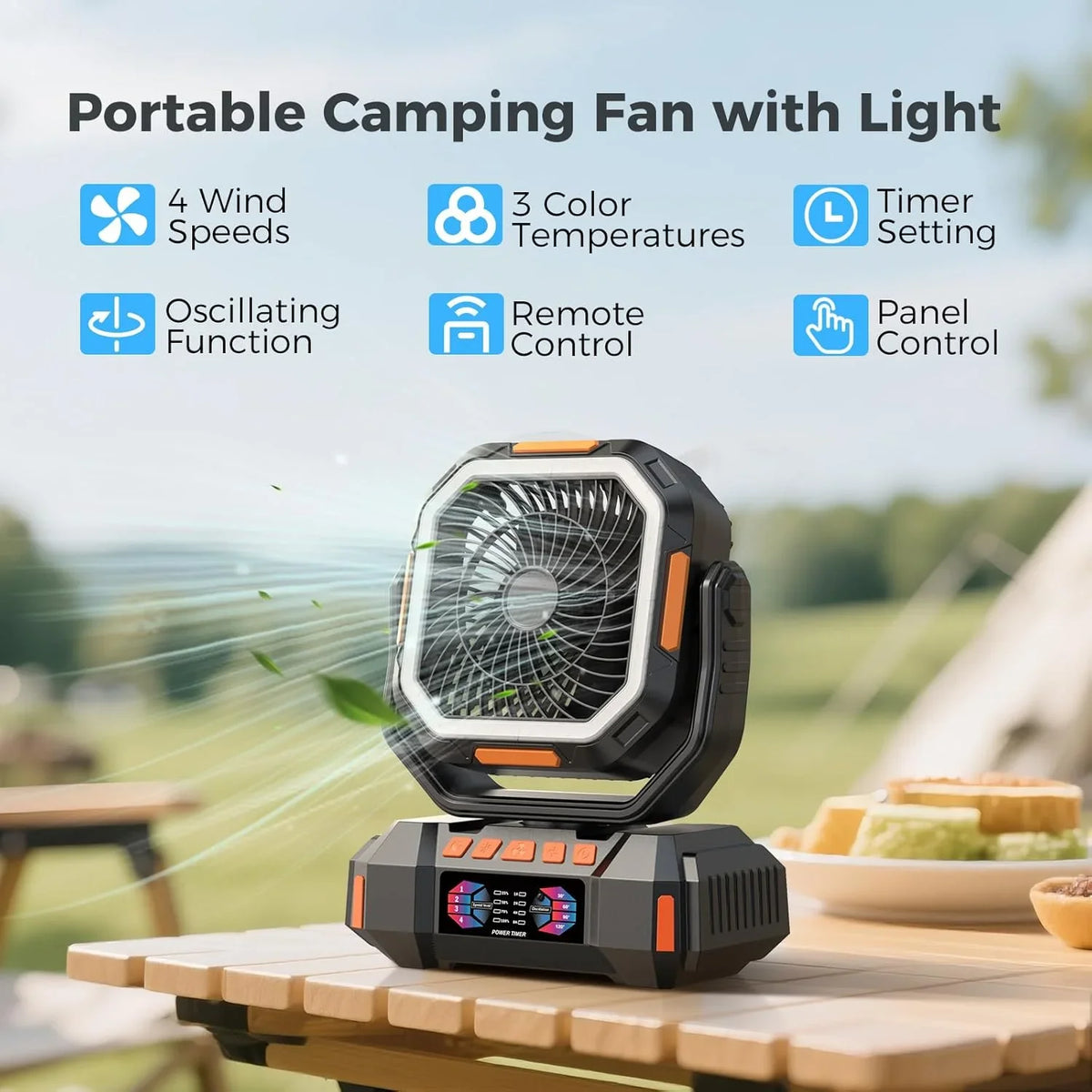 40000mAh Camping Fan Rechargeable Desktop Portable Air Circulator Wireless Ceiling Electric Fan with Power Bank LED Lighting