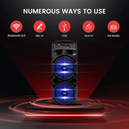Rechargeable Portable Bluetooth PA Speaker System with 600W Power, Dual 8-Inch Subwoofers, 1-Inch Tweeter, Mic Input, Party Lights, USB, FM Radio, and Remote Control – Ideal for Outdoor Parties