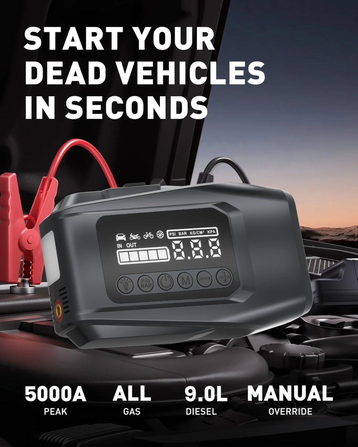 5-IN-1 Car Jump Starter with Air Pump Peak 5000A Auto Battery Booster 150PSI Air Compressor Portable Power Bank Tire Inflator