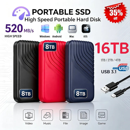 16TB High-Speed External SSD Portable Solid State Drive USB3.1 Type-C Large Storage Lightweight Compact for PC And Laptop